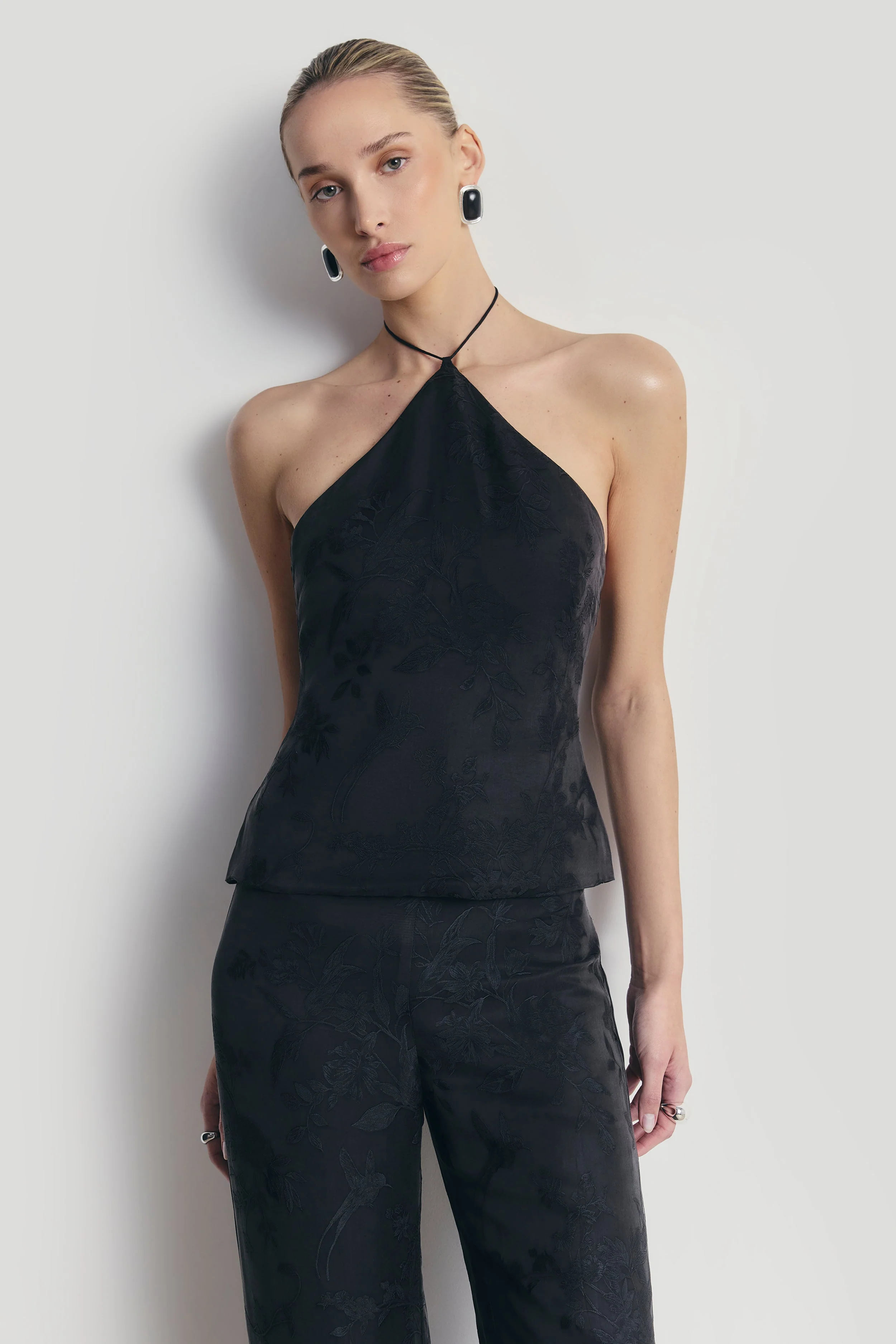 Colorset-Cupro Jacquard Tailored Halterneck Top